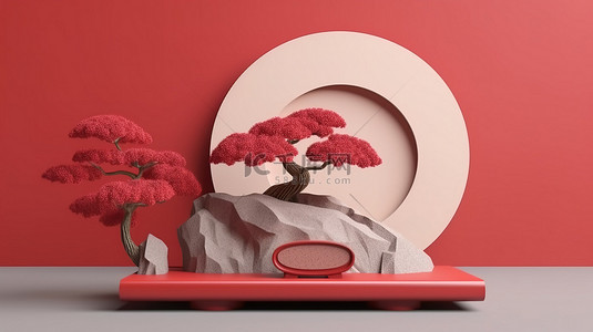 简约石基座，配有日本盆景树和红圈背景 3D 渲染