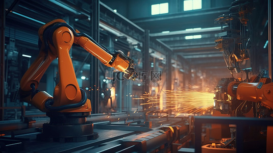 自动化工厂中的机器人控制机器人手臂 3D 渲染概念