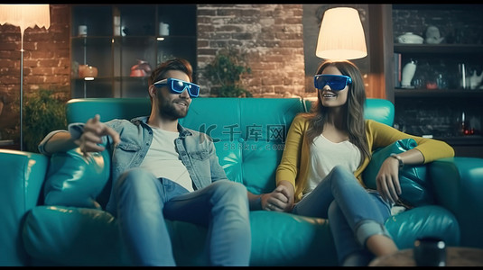 戴着 3D 眼镜的幸福夫妇坐在地板上，在家里的沙发上看电视