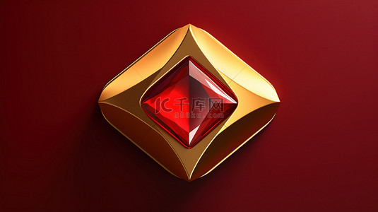 红色宝石徽章背景图片_闪亮的宝石徽章 3D 渲染社交媒体图标，红色哑光金板上带有金色宝石符号