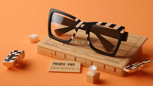 电影视觉背景图片_米色背景上的 3D 眼镜和拍板为电影爱好者带来视觉享受
