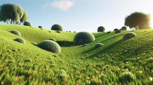 农场植物背景图片_青翠草坪上连绵起伏的丘陵的 3d 插图