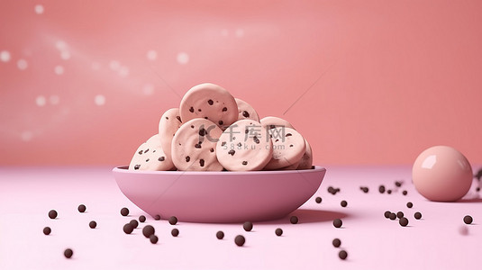 甜点背景图片_玫瑰色仙境中巧克力饼干的精致愉悦 3D 渲染场景