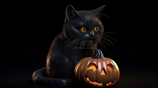 一只神秘黑猫的万圣节主题 3d 渲染