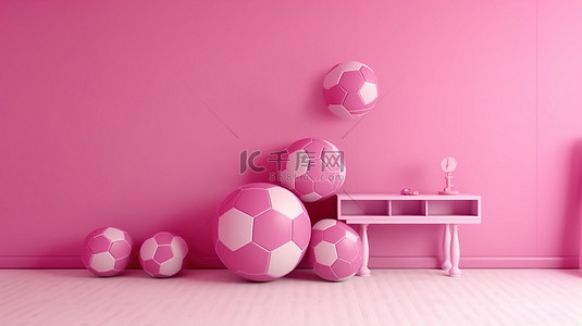 带有粉红色足球装饰的儿童房的 3D 渲染