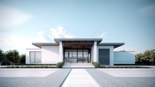 房屋简约灰色背景图片_白色表面上的简约住宅，灰色背景住宅建筑的 3D 可视化