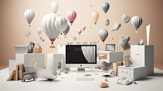 办公室展示电脑移动设备和办公用品悬挂在半空中，以 3D 形式显示登陆页面