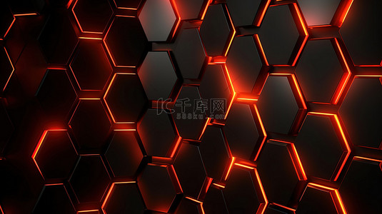 黑色金属六边形背景上红色照明线的 3D 渲染