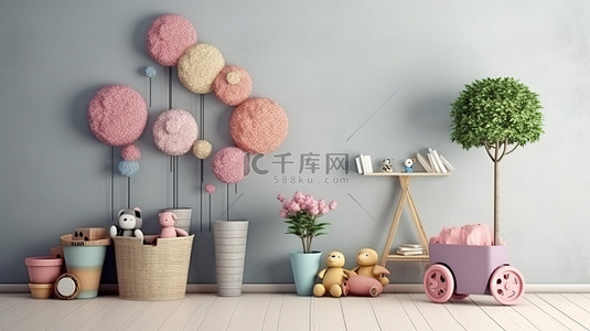 花卉墙背景图片_3D 渲染儿童房花卉墙背景模型