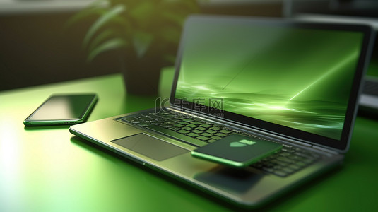 绿色背景上配有笔记本电脑和手机 3D 插图的办公桌