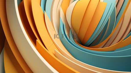 具有几何形状的抽象商业背景，3D 渲染分层平面图像，具有棕色黄色橙色奶油和蓝色纸张纹理