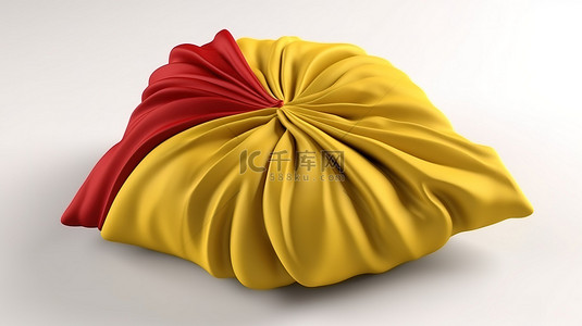 隔离在白色背景 3d 渲染一个充满活力的黄色和红色天鹅绒枕头