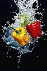 三个彩色辣椒溅入水中，溅起水花