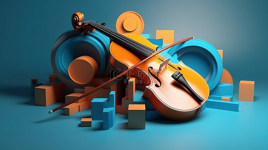 小提琴和乐器概念中充满活力的橙色和蓝色形状的几何平台管弦乐队抽象 3D 渲染