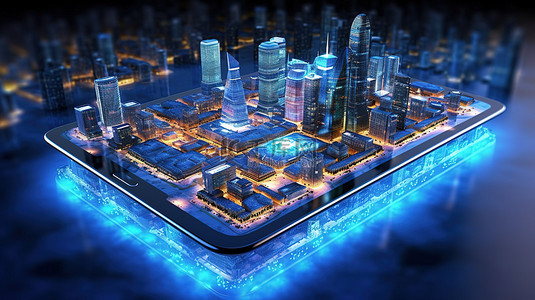 科技大城市背景图片_未来技术满足智能手机和大城市背景的城市景观 3D 渲染