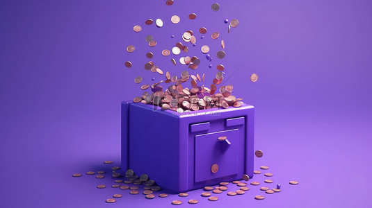 节省金钱背景图片_极简主义的 3D 插图卡通保险箱装满了紫色背景横幅上代表财务节省和成本降低的硬币