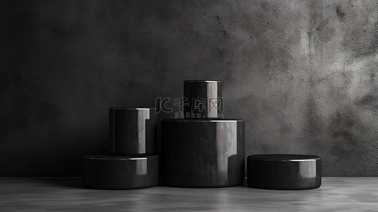 黑色金属展台背景图片_水泥墙背景与 3D 渲染的黑色金属讲台相得益彰