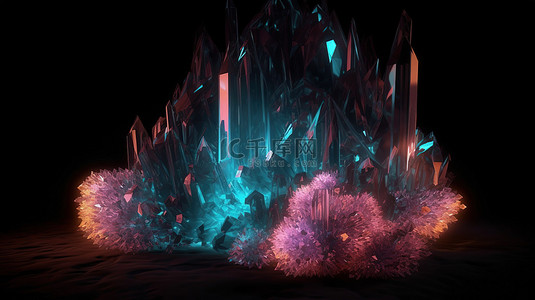 3d 霓虹灯渲染使水晶宝石洞穴栩栩如生