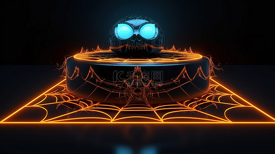 万圣节主题讲台 3d 渲染，具有南瓜蜘蛛眼和霓虹灯，用于产品展示