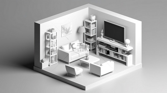 舒适的等距微型客厅的平面白色单色 3D 图标，配有电视和沙发