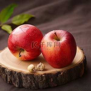 医美回馈感恩展架背景图片_木树桩上的两个苹果