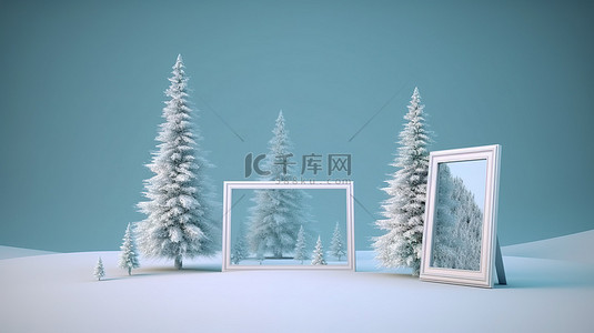 圣诞节框架背景图片_3d 渲染中雪圣诞树的节日框架