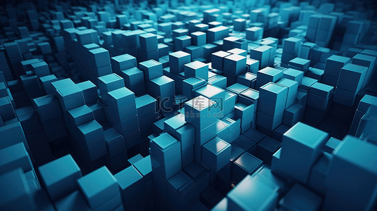科技光效粒子背景图片_具有创意形状和明亮纹理的对称蓝色立方体图案的简约 3D 渲染