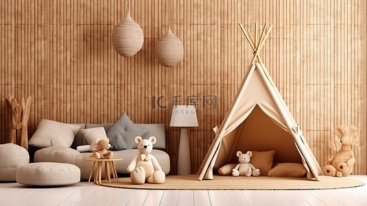 迷人的乡村风格游戏室，配有帐篷柔软的枕头和玩具 3D 渲染的儿童内饰