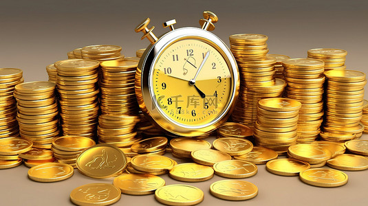 来钱背景图片_现在是时候投资一个 3D 渲染图来显示利润以及闹钟和金币堆了
