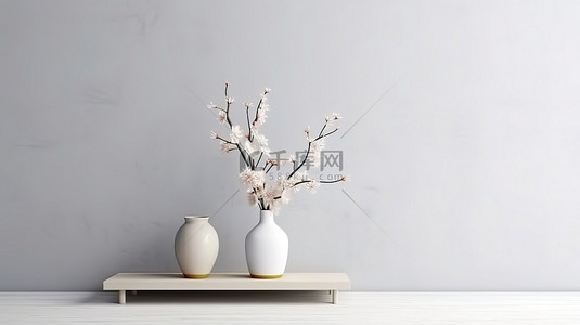 斯堪的纳维亚风格 3D 渲染花卉装饰的室内桌子靠在模拟墙上
