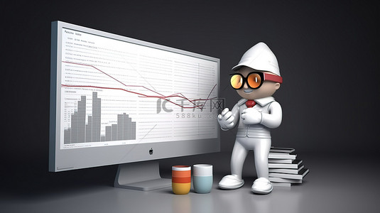 市场调查信息图表背景图片_使用 3D 卡通人物和显示开放网络分析页面的计算机优化 SEO