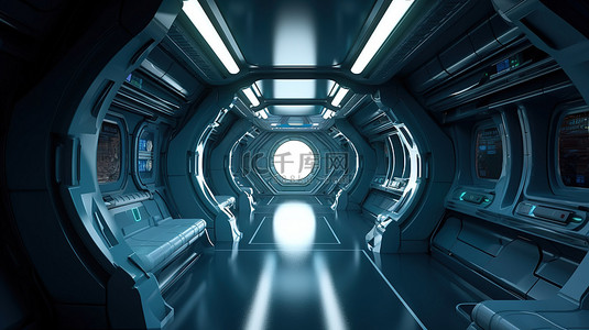 3D 渲染中未来派太空飞船内部的建筑