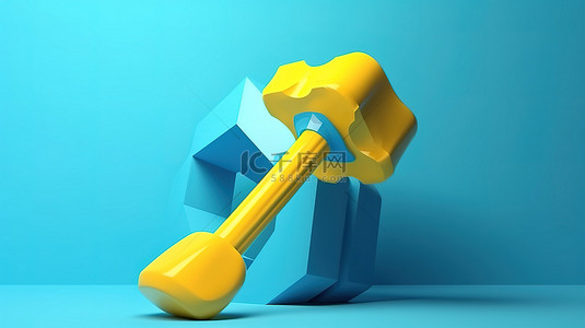 具有 3D 蓝色锤子和卡通风格工艺概念的工程工具的最小黄色技术人员
