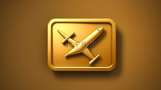 金色出发飞机图标 3d 在哑光金板上呈现社交媒体符号