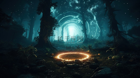 神秘森林具有发光粒子和圆形形状的 3D 渲染