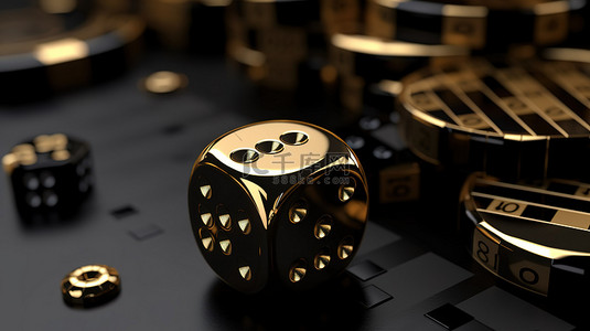 赌场元素黑色骰子和黄金插入筹码的 3D 插图