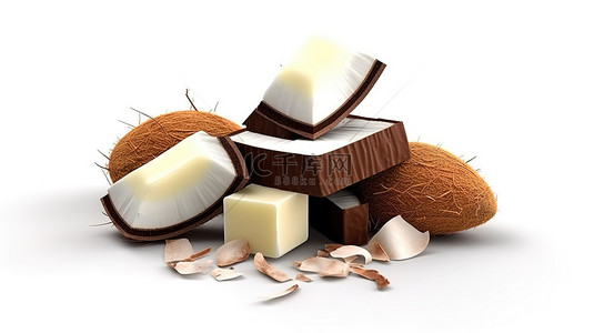 白色背景上椰子巧克力的 3d 渲染