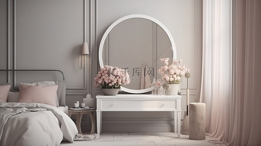 镜子和照镜子的人背景图片_渲染的 3D 场景卧室天堂，配有梳妆台玫瑰圆镜和舒适的角落