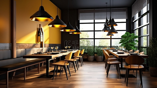 现代舒适的用餐体验当代餐厅内部的 3D 渲染