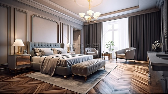 豪宅内部背景图片_永恒的优雅 3D 渲染经典而豪华的木地板卧室内部
