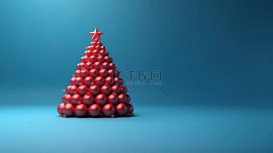 喜庆蓝色背景图片_经典的蓝色背景衬托出喜庆的红色圣诞树，配有复制空间，在令人难以置信的 3D 渲染中完美体现了圣诞快乐和新年快乐的概念