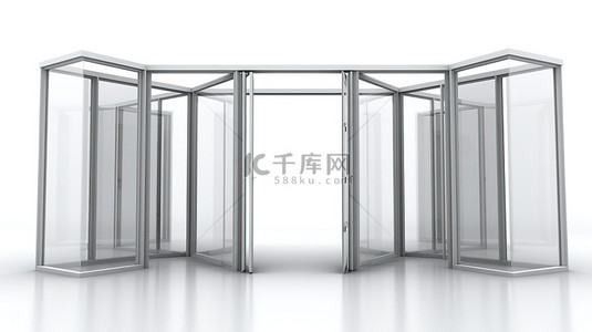 京东便利店门头背景图片_时尚的玻璃隔断，带有门，在白色背景 3D 渲染上分隔房间