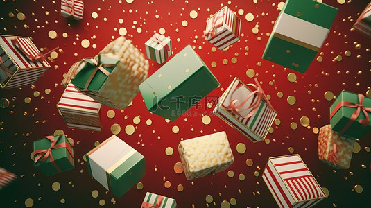 红色带图案背景图片_圣诞和新年概念礼盒，红色白色和金色装饰着丝带，漂浮在绿色背景上，带有点图案 3d 渲染