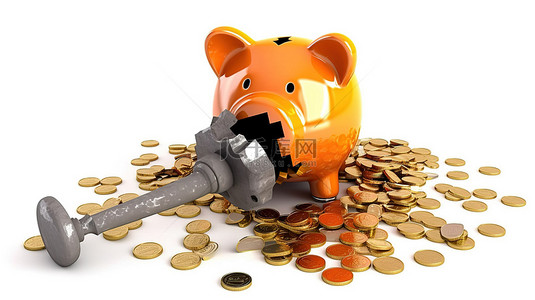 金融锤子背景图片_在白色背景 3D 渲染上用散落的硬币和锤子砸碎存钱罐