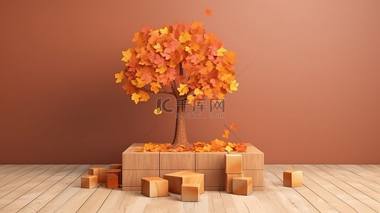 秋舞台背景背景图片_秋树拼图讲台是在 3D 渲染中展示儿童木制产品的现代背景