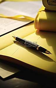一支黄色笔坐在一本打开的书旁边