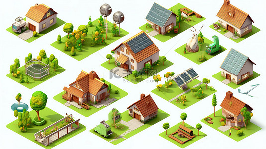 智能家居生态背景图片_智能家居和自然替代品一套等距 3D 环保绿色能源