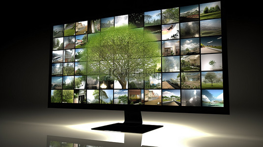以旅游树木的 3D 计算机屏幕图标和图片为背景，体验精彩的户外活动