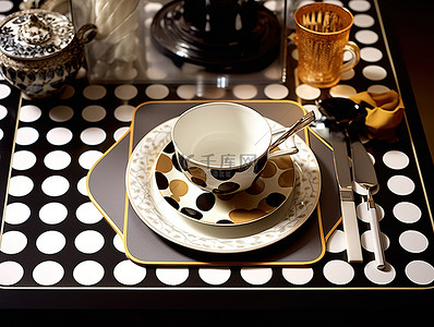 圆点背景图片_桌子上的白色方形餐垫，带有黑白圆点图案