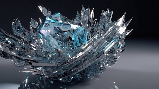 3D 渲染中的水晶元素钻石管和羽毛